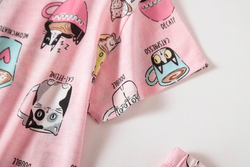 PNAEONG Womenâ€™s Pajama Set - Sleepwear Tops with Capri Pants Casual and Fun Prints Pajama Sets SY215-Cup Cats-S - Image 5